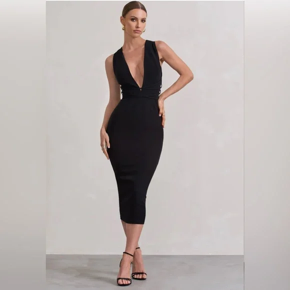 Club L London | Dresses | Odessa Black Plunge Sleeveless Midi Dress With  Tie Waist 4 | Poshmark